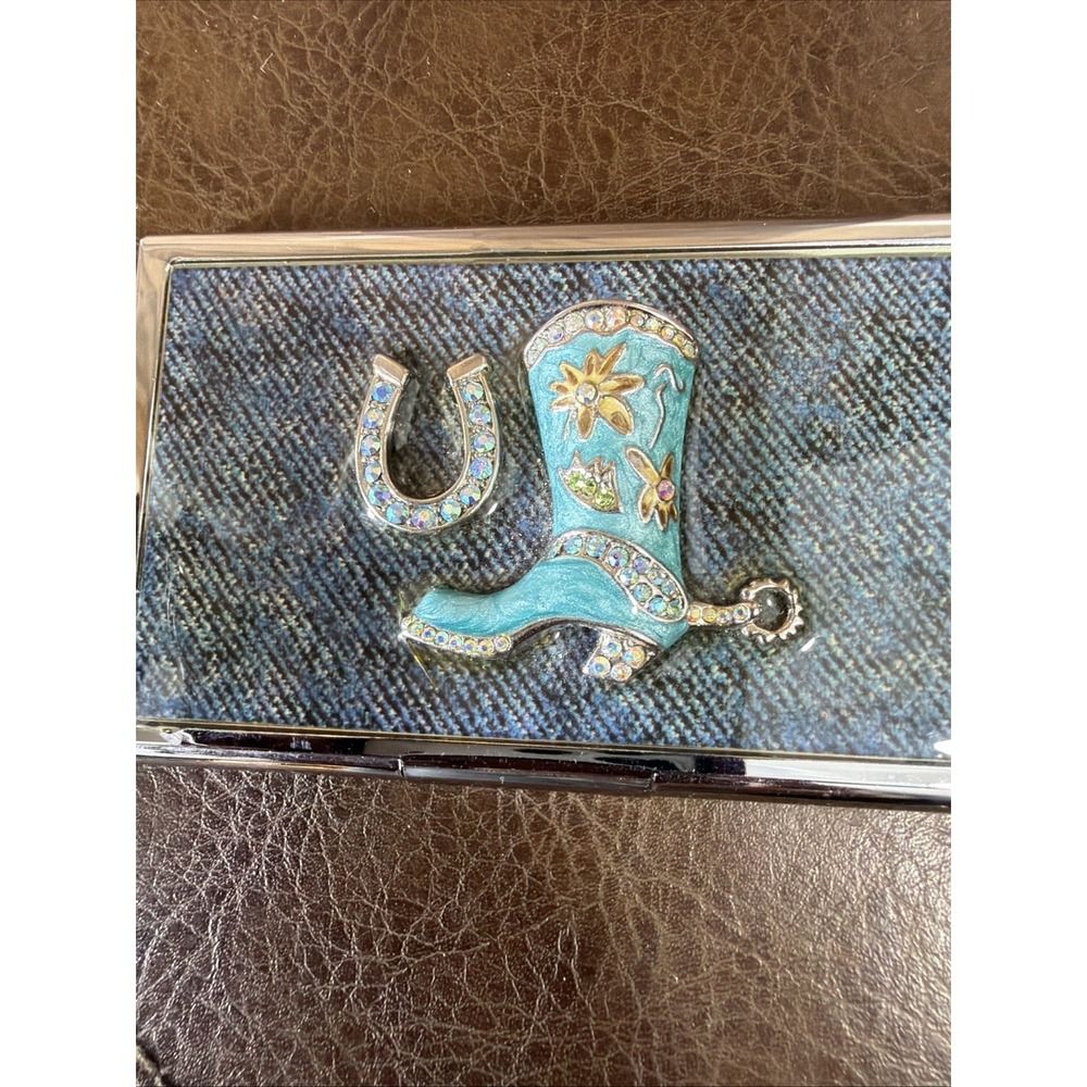 Western Cowgirl Compact Mirror Turquoise Boot Horseshoe Rhinestone Denim Purse - Picture 3 of 16